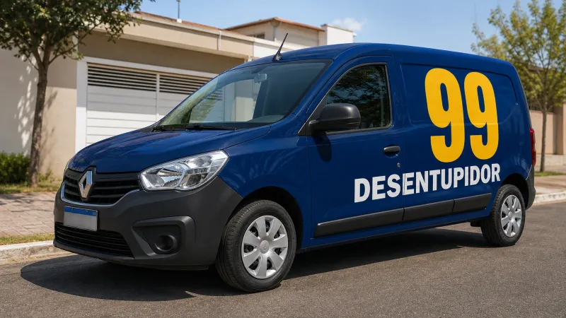 Caminhão 99 Desentupidor azul-marinho chegando ao endereço do cliente