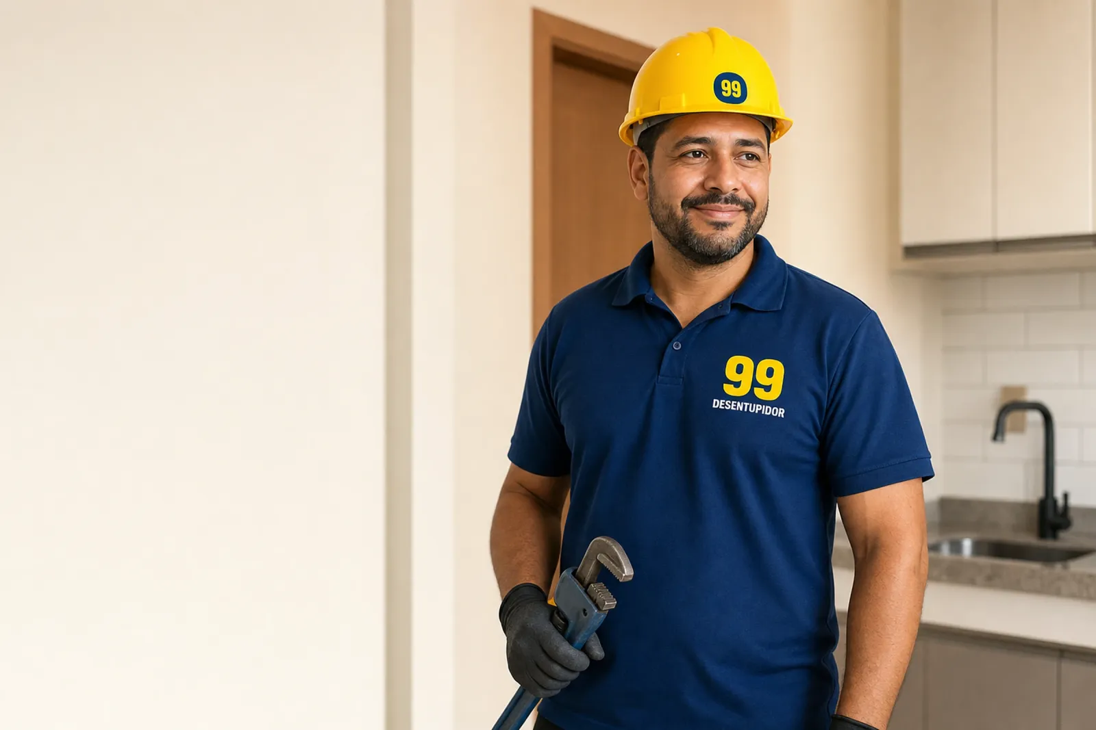 Técnico 99 Desentupidor uniformizado, com capacete e chave de grifo, pronto para atender